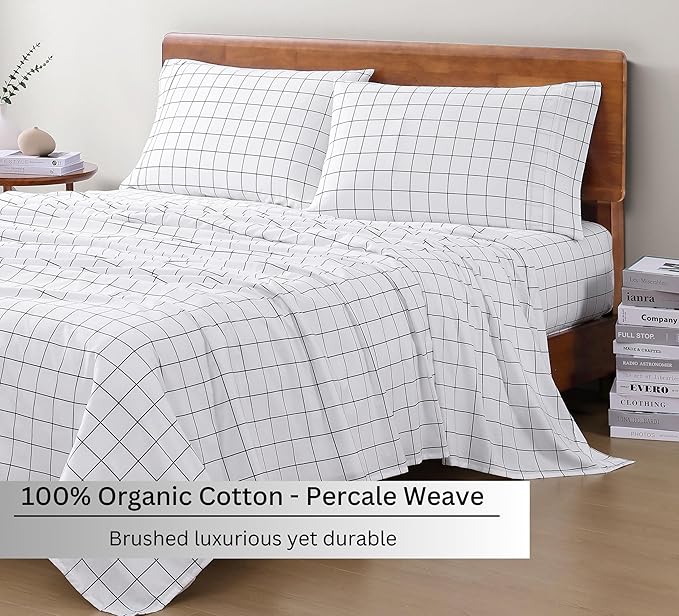 LANE LINEN 100% Organic Cotton Full Size Bed Sheets, Eco Friendly Fully Elasticized Okeo Tex Certified Printed Cotton Sheets Full, Percale Weave Soft & Comfy Comes in Variety of Prints - Windowpane