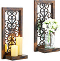 Farmhouse Wall Candle Holder Decor: Rustic Candle Sconces Set of Two for Pillar Candles - Brown Wooden Shelving for Fireplace Bathroom Hallway