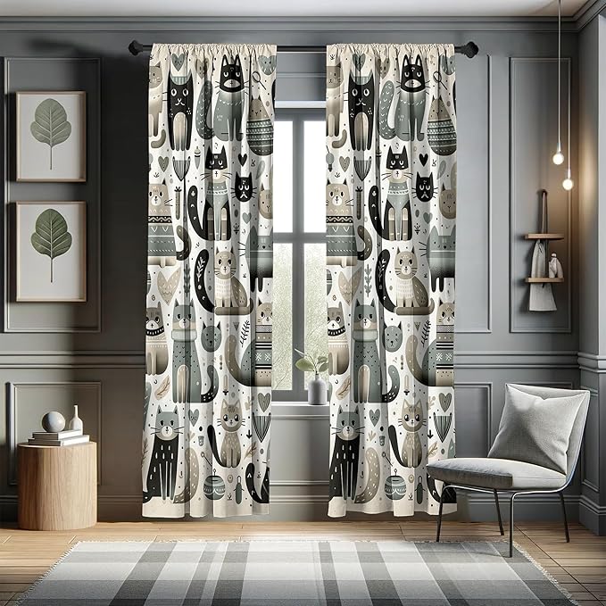 Ambesonne Cats Window Curtains Pack of 2, Modern Scandinavian Inspired Innocent Kitten Pattern with Leafy Details, Lightweight Set with Rod Pocket, 4 Panels of - 28" x 63", Pale Teal Pale Khaki Grey