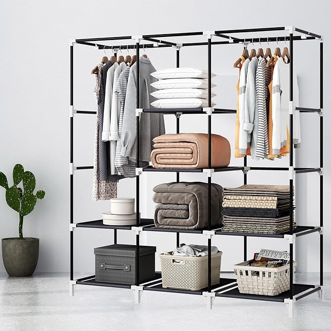 Portable Closet, 51 Inch Wardrobe Closet for Hanging Clothes with 2 Hanging Rods, 8 Storage Organizer Shelves for Bedroom, Durable and Easy to Assemble, Black