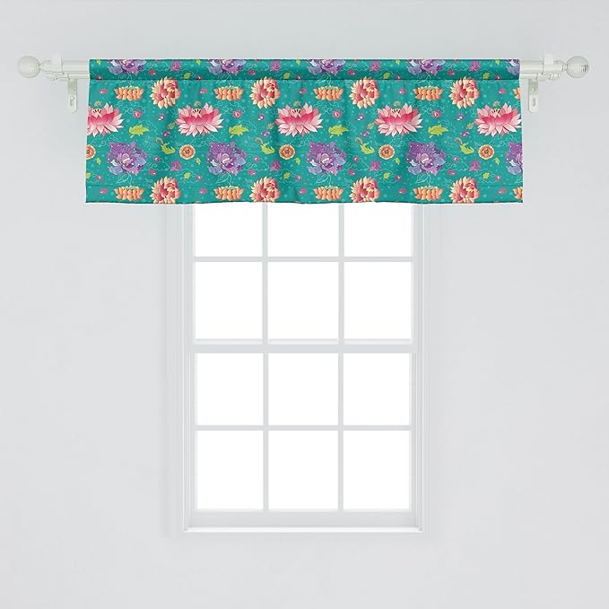 Ambesonne Floral Window Valance, Pattern with Lotus Flowers Peonies and Chrysanthemums Oriental Motifs Garden Art, Curtain Valance for Kitchen Bedroom Decor with Rod Pocket, 54" X 18", Teal