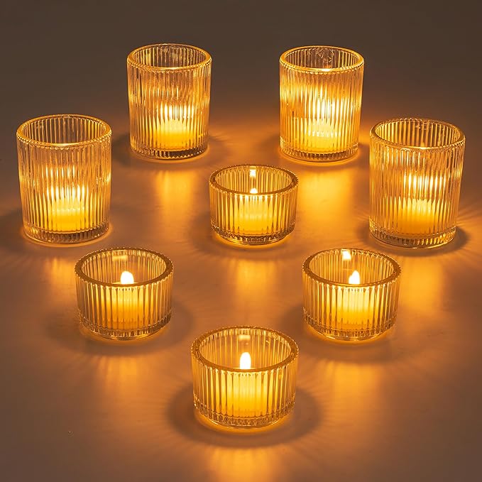 Glasseam Glass Tealight Candle Holder: Set of 8 Ribbed Clear Votive Candle Holders for Table Centerpiece, Decorative Small Vintage Tea Lights Candle Holder for Wedding Christmas Dining Room Decoration
