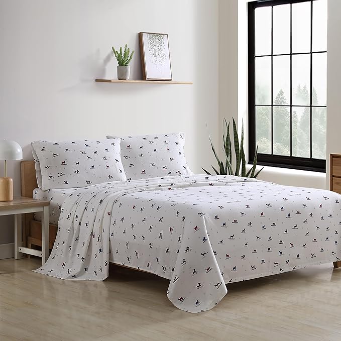 Eddie Bauer - Flannel Sheets Queen Size, Anti-Pilling & Wrinkle Resistant Cotton, Touchably Soft for All-Season Comfort - Bed Sheets with Matching Pillowcases & Fitted Sheet (Ski Patrol White)