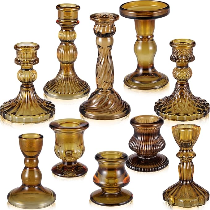 Mumufy 10 Pcs Glass Crystal Taper Candle Holders Clear Glass Candlestick Holder Fit 0.8 Inch Candles Crystal Decorative Candle Stand Centerpiece Table Wedding Dining Party (Classic,Brown)