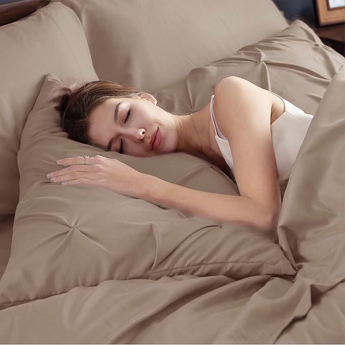 Bedsure Full Size Comforter Sets - Bedding Sets Full 7 Pieces, Pintuck Bed in a Bag Khaki Bed Set with Comforter, Sheets, Pillowcases & Shams