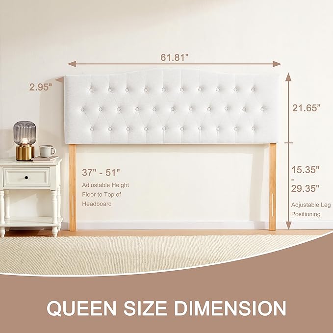 Tufted Upholstered Headboard Queen Size, Sturdy & Durable Solid Wood Bed headboard, Fabric Headboard Adjustable Height from 37” to 51”, Modern Button Diamond Design Head Board, White