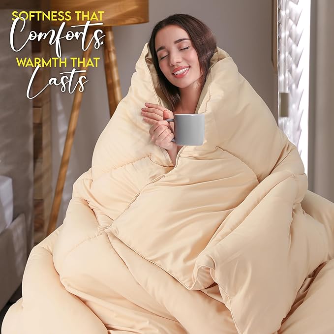 Utopia Bedding Comforter Duvet Insert, Quilted Comforter with Corner Tabs, Box Stitched Down Alternative Comforters Twin Size (Beige)