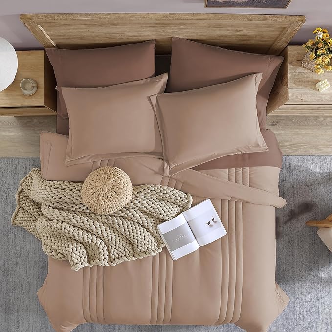Monbix Full Comforter Set - 7 Pieces Rust Pink Bed in a Bag Full Size Bedding Sets with Comforters, All Seasons Down Alternative Comforter with Sheets,Pillowcases & Shams