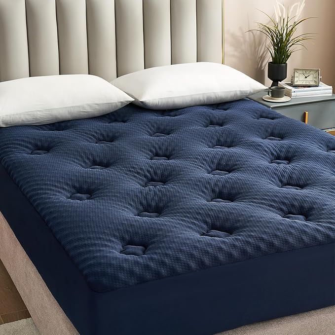 Hansleep Full Size Mattress Topper Viscose Derived from Bamboo, Memory Foam Pillow Top Mattress Topper Full with Deep Pocket, Breathable Mattress Pad for Back Pain Relief, 54" x75", Navy Blue