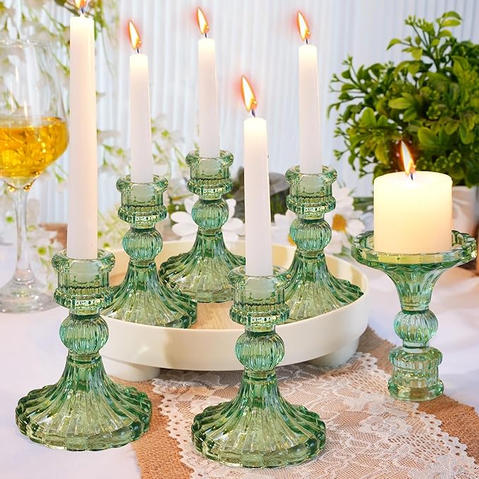 Suclain 24 Pcs Glass Taper Candle Holder Sets 12 Candlestick Holder with 12 White Long Candles for Wedding Party Decor Dinner Decoration(Green)