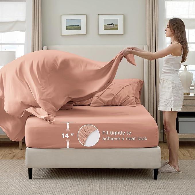 Bedsure King Size Comforter Set Dusty Pink - Bed in a Bag Bedding Set 7 Pieces, GentleSoft™ Pintuck Bed Set Gift for Family, Pinch Pleat Dusty Pink Comforter with Sheets, Pillowcases & Shams
