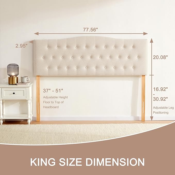 Tufted Upholstered Headboard King Size, Sturdy and Durable Solid Wood Bed headboard, Fabric Headboard Adjustable Height from 37” to 51”, Modern Button Diamond Design Head Board, Beige