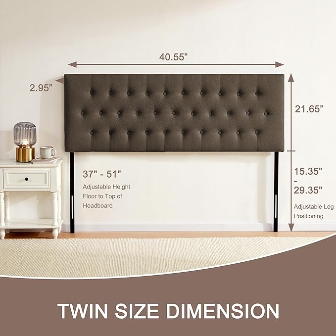 Tufted Upholstered Headboard Twin Size, Solid Wood Head Board with Durable Metal Legs, Adjustable Height Bed headboard from 37” to 51” Fabric Headboard in Modern Button Design, Chocolate