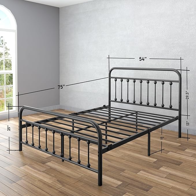 Golden Gate Beds Victorian Vintage Style Metal Bed Frame with Wrought Iron Headboard and Footboard, Classic Platform Bedframe with Storage, No Box Spring Needed, Mattress Foundation, Black, Full Size
