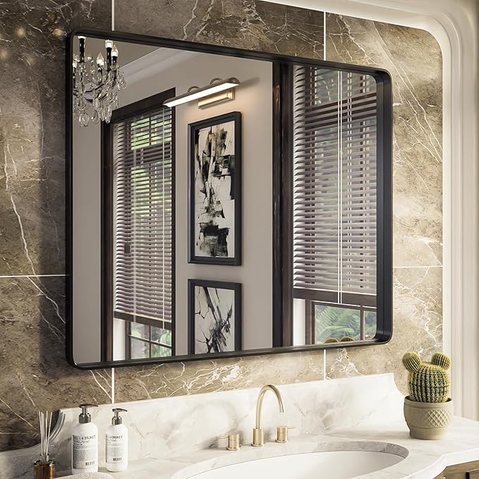 ISKM Black Metal Framed Bathroom Mirror for Wall 40" x 32" Black Bathroom Vanity Mirror, Rounded Rectangle Mirror, Anti-Rust (Horizontal/Vertical)