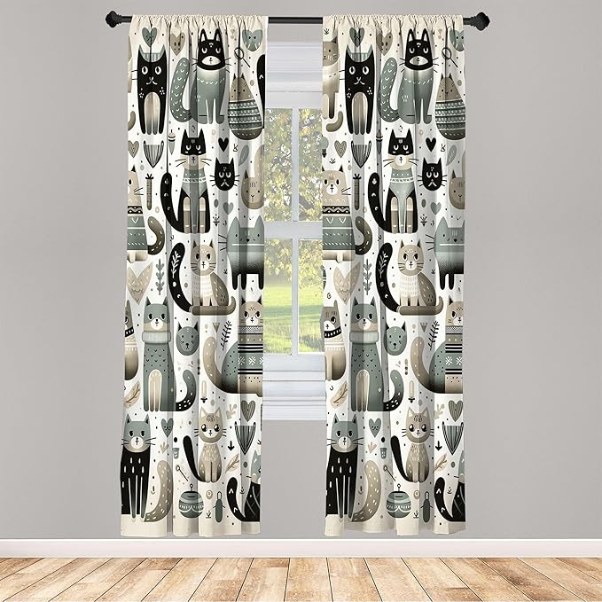 Ambesonne Cats Window Curtains Pack of 2, Modern Scandinavian Inspired Innocent Kitten Pattern with Leafy Details, Lightweight Set with Rod Pocket, 4 Panels of - 28" x 63", Pale Teal Pale Khaki Grey
