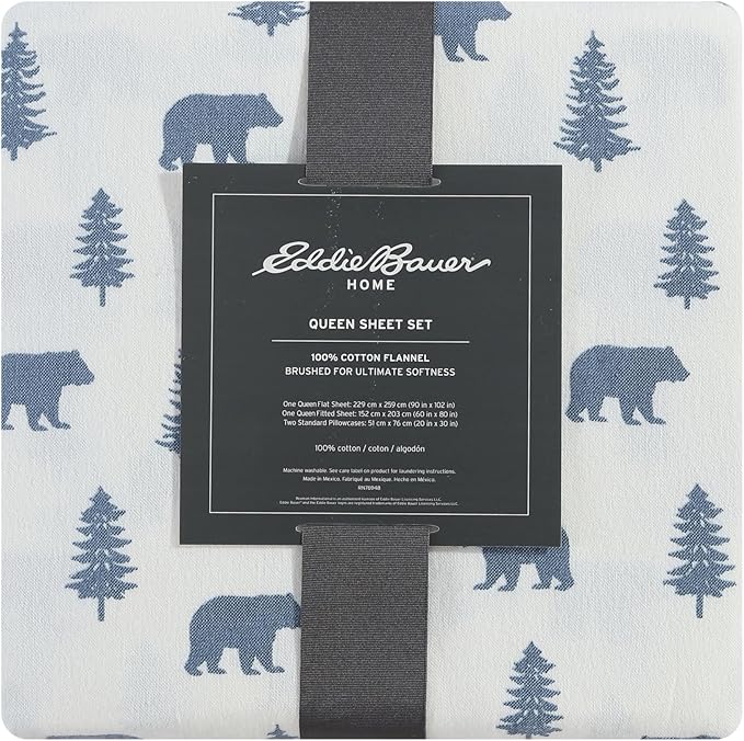 Eddie Bauer - Queen Sheets, Cotton Flannel Bedding Set, Brushed For Extra Softness, Cozy Home Decor (Bears & Trees, Queen)