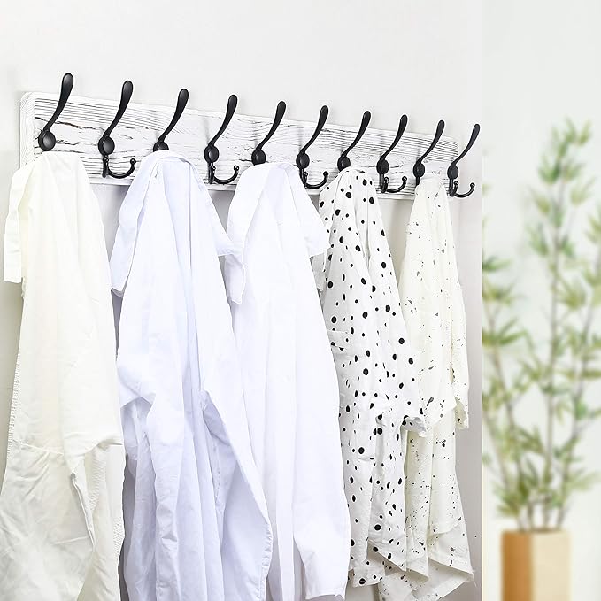 WEBI Wall Mounted Coat Rack, 38 9/16" Long, 10 Hooks, Wood Hanger Rail With Triple Hooks for Hanging Clothes, Jackets - Black/White, 2 Packs
