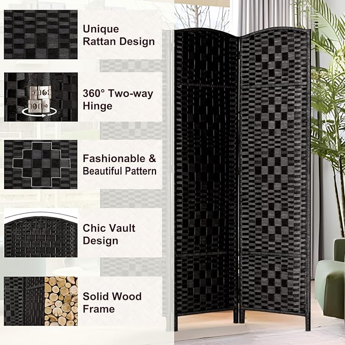 Rose Home Fashion 6 ft Tall Room Divider, Room Dividers and Folding Privacy Screens, 15.7in Privacy Screen 6 Panel Partition Temporary Wall Separation for Private, Black