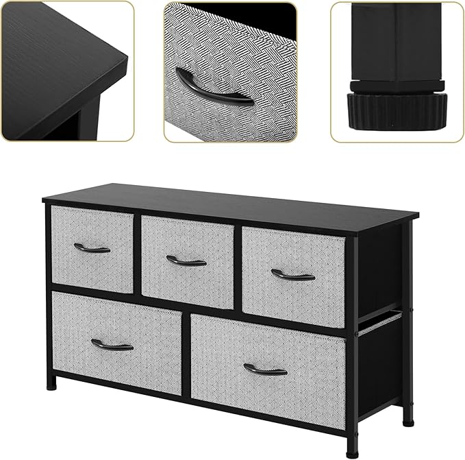 AZL1 Life Concept Extra Wide Dresser Storage Tower with Sturdy Steel Frame,5 Drawers of Easy-Pull Fabric Bins, Organizer Unit for Bedroom, Hallway, Entryway, Grey with Black