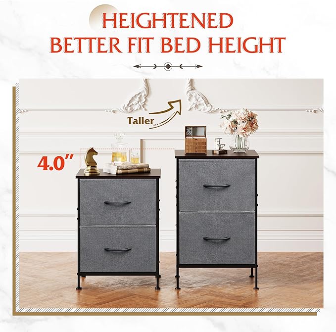 WLIVE Night Stand Set 2, Dresser and Nightstand Sets, Nightstands for Bedroom with 2 Fabric Drawer, End Tables Bedroom Furniture Set, Closet, College Dorm, Dark Grey, Size L