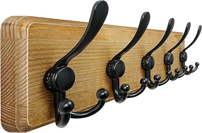 Dseap Coat Rack Wall Mount - Heavy-Duty Robust Barnwood-Style Wooden Wall Coat Hanger Hook Rail with 5 Triple Hooks for Winter Coats Hat Jacket Clothing, Weathered Brown & Black