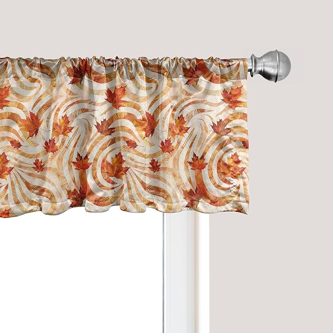 Ambesonne Fall Window Valance, Autumnal Theme with Swirly Intricate Shapes and Flying Leaves Print, Curtain Valance for Kitchen Bedroom Decor with Rod Pocket, 54" X 12", Ginger Marigold and Beige
