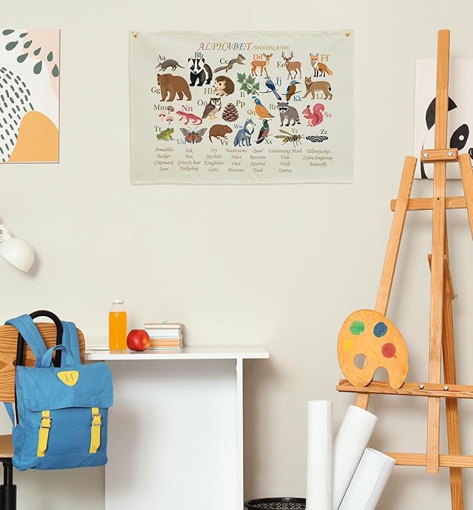 Alphabet poster for Nursery Toddlers, Play Room Wall Decor, ABC Wall Chart, Wall Hanging Decor for Toddler Playroom Decor Kids Wall Decor, Woodland Alphabet-Rectangle Banner Flag Wall Sign Decor Gift