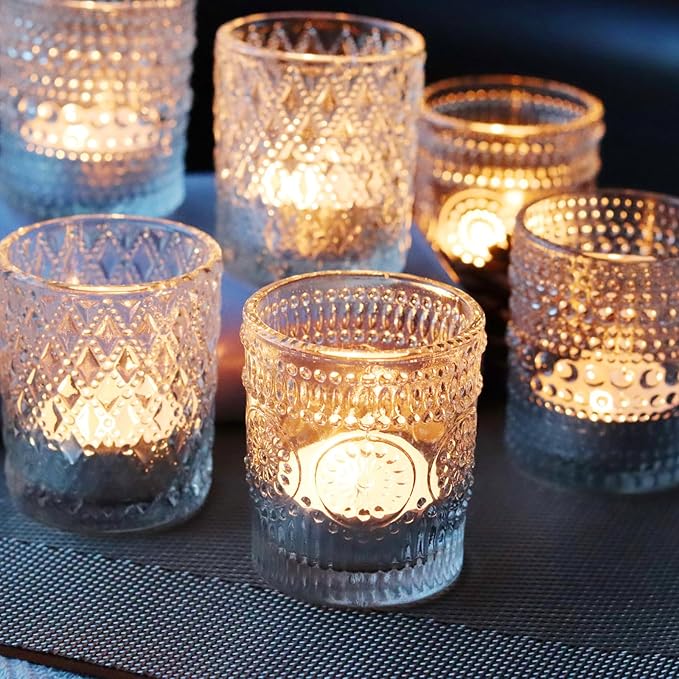 Clear Votive Candle Holders, 3 Patterns 24 pcs Glass Tealight Candle Holders for Christmas Wedding Table Centerpiece Birthday Party