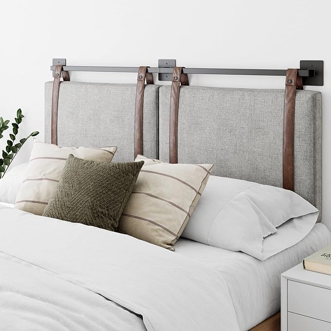 Nathan James Harlow Modern Wall Mount Hanging Headboard, King, Gray with Brown Faux Leather Straps