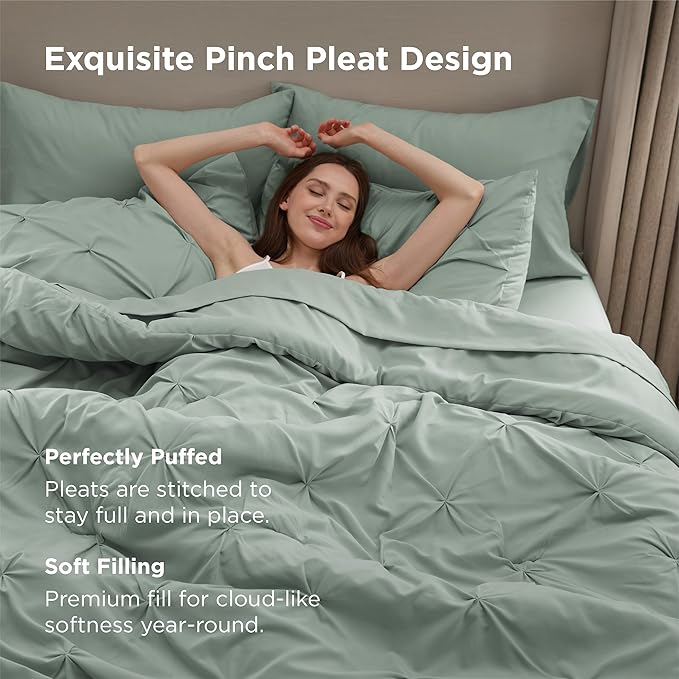 Bedsure King Size Comforter Set Sage Green - Bed in a Bag Bedding Set 7 Pieces, GentleSoft™ Pintuck Bed Set Gift for Family, Pinch Pleat Sage Green Comforter with Sheets, Pillowcases & Shams