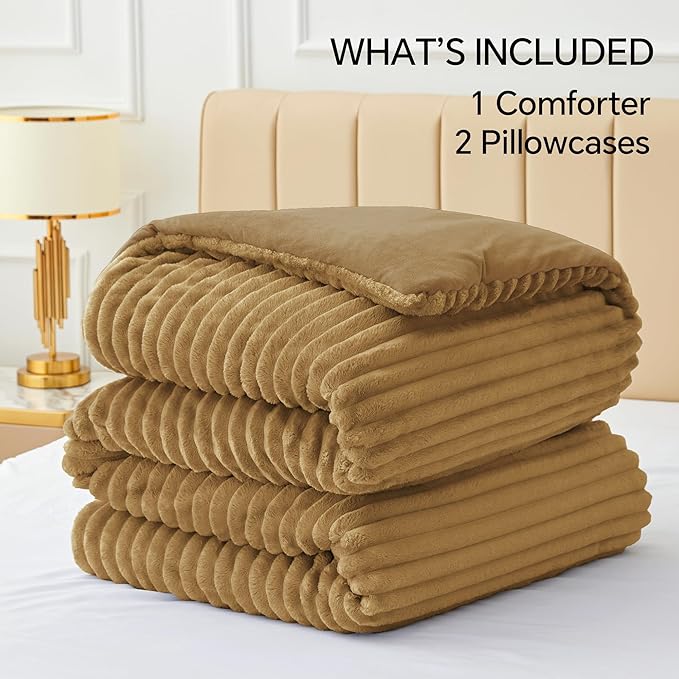 BEDELITE Fleece Full Comforter Set -Super Soft & Warm Fluffy Brown Bedding, Luxury Fuzzy Heavy Bed Set for Winter with 2 Pillow Cases