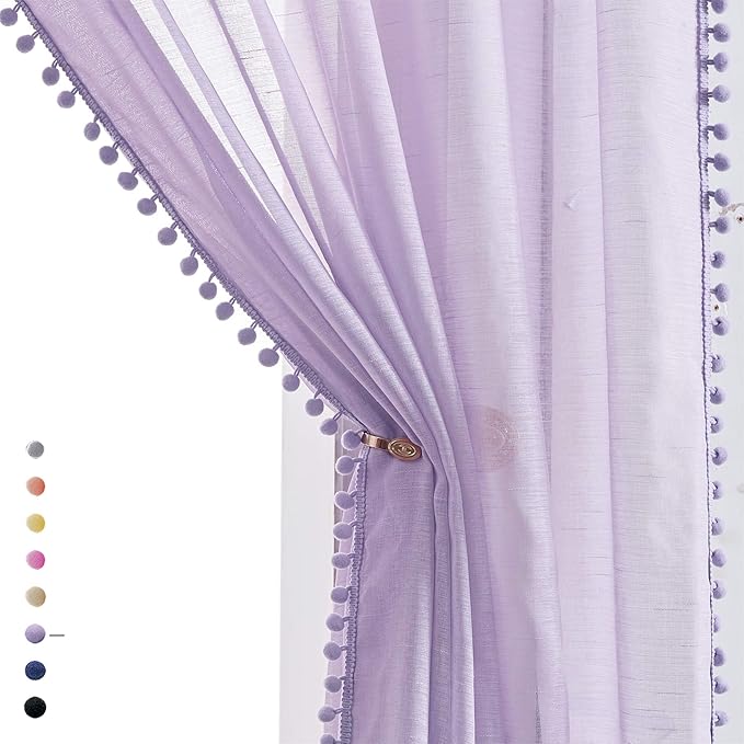 Treatmentex Pom Pom Sheer Curtains for Bedroom 95inches Long Linen Textured Window Voile Drapes Lilac Rod Pocket 1 Pair