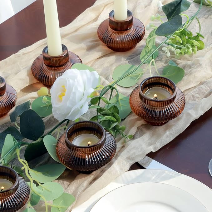 VOHO 18pcs Brown Taper Candle Holders for Table Centerpiece, Reversible Glass Candle Holder for Candle Sticks & Tea Lights Candles, Classic Ribbing Tapered Candlestick Holders for Home, Boho Decor