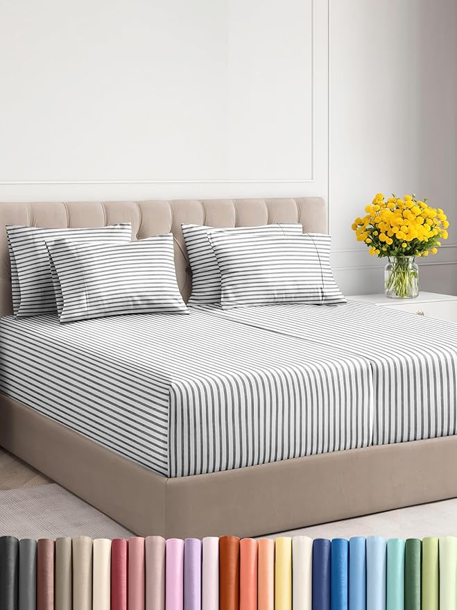 Extra Deep Split King Sheet Set - 7 Piece Breathable & Cooling Sheets - Hotel Luxury Bed Sheets Set - Easy Fit - Soft, Wrinkle Free & Comfy Sheets Set - Grey Striped Sheet Set w/Extra Deep Pockets