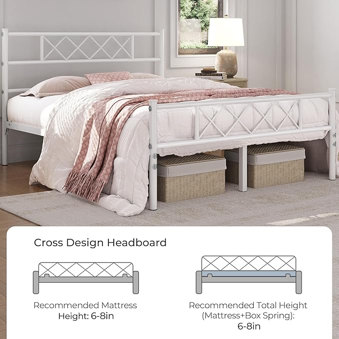 Yaheetech Queen Size Metal Platform Bed Frame with Simple Headboard and Footboard, Mattress Foundation for Under Bed Storage, Steel Slat Support, No Box Spring Needed, Easy Assembly, White