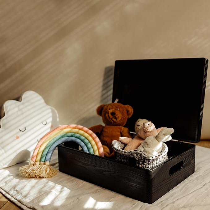 XL Black Wooden Box Storage with Hinged Lid | 15.8 x 11.8 x 5.5 inches (+-0.5) | with Handles | Gift Box Kitchen Storage Document | Product NOT Intended for 15 Years OR Below