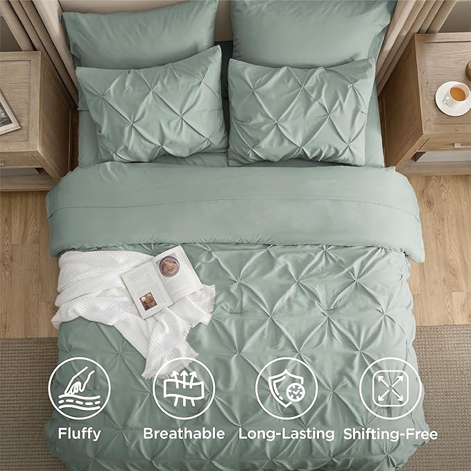 Bedsure Oversized Queen Comforter Set Sage Green - Bed in a Bag Bedding Set 7 Pieces, GentleSoft™ Pintuck Bed Set Gift for Family, Pinch Pleat All Season Comforter with Sheets, Pillowcases & Shams