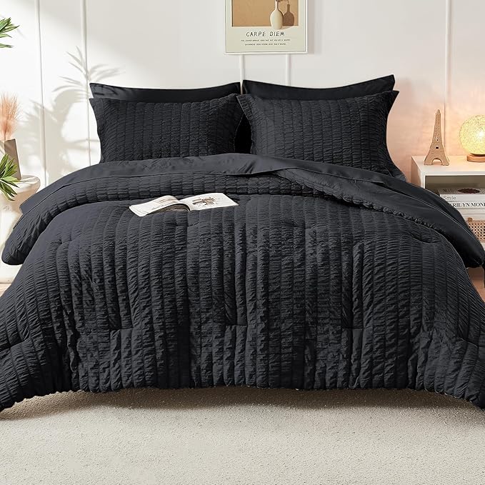 HYMOKEGE Black California King Comforter Set Seersucker 7 Pieces, All Season Luxury Bed in a Bag for Bedroom, Bedding Set with Comforters, Sheets, Pillowcases & Shams
