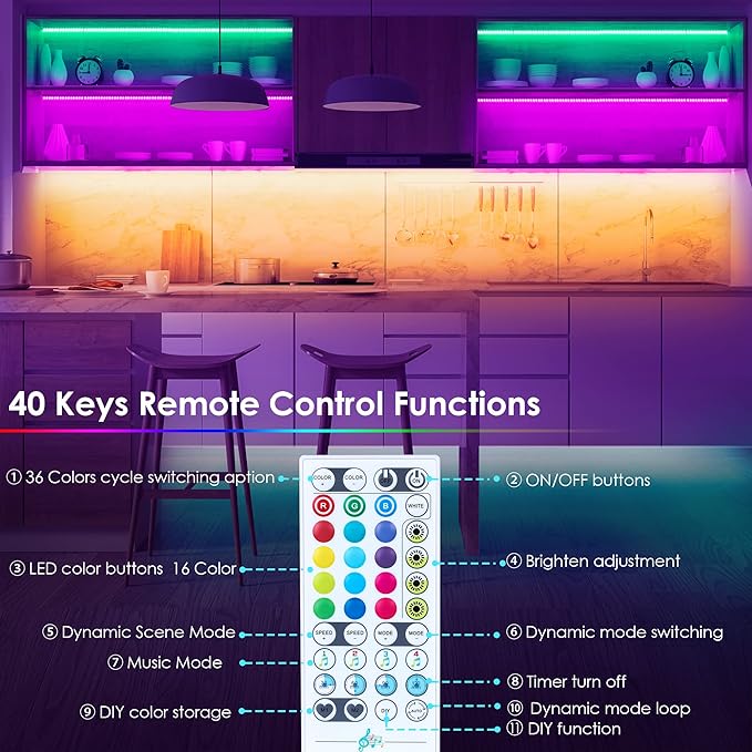 maylit 8 PCS 3.3FT Smart RGB Under Cabinet Lights Kit, Work with Alexa and Google Assistant, App and Remote Control, Music Sync Color Changing, Timer, Dimmable, for Cabinet, Counter, Shelf, Bookcase