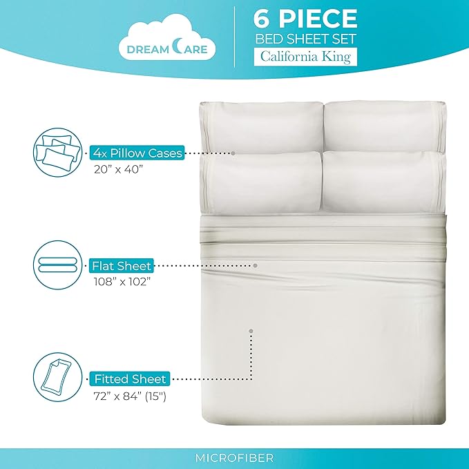 DREAMCARE California King Sheet Sets – 6 pcs Cooling Bed Sheets – up to 15” Deep Cal King Sheets – 2500 Supreme Collection – Extra Soft 100% Brushed Microfiber Hotel Luxury with Side Pocket – Ivory