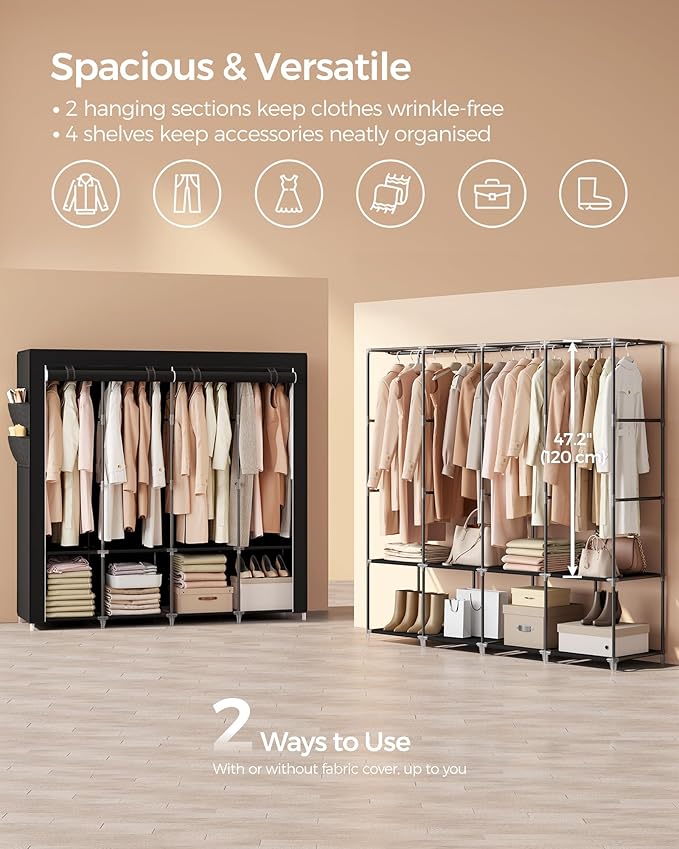 SONGMICS Portable Closet, Wardrobe Closet Organizer with Cover, 4 Hanging Rods and Shelves, 4 Side Pockets, 17.7 x 66.9 x 65.7 Inches, Large Capacity for Bedroom, Living Room, Ink Black URYG094B02