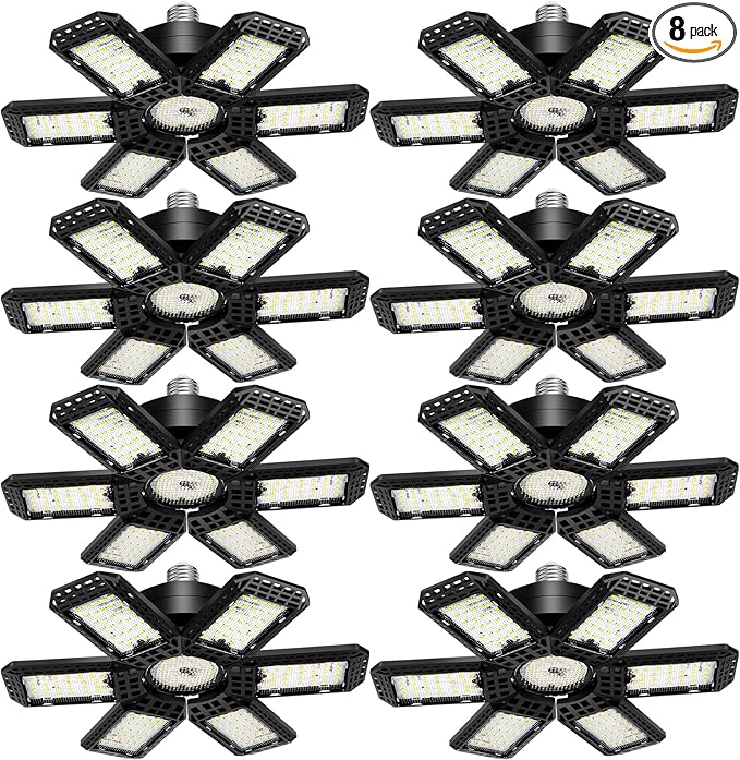 8 Pack LED Garage Light, 200W 20000LM 6500K LED Shop Lights, Garage Lights Ceiling Led with 6+1 Deformable Panels, Screw in E26/E27 Socket Bulb for Warehouse, Workshop, Basement, Barn Lighting