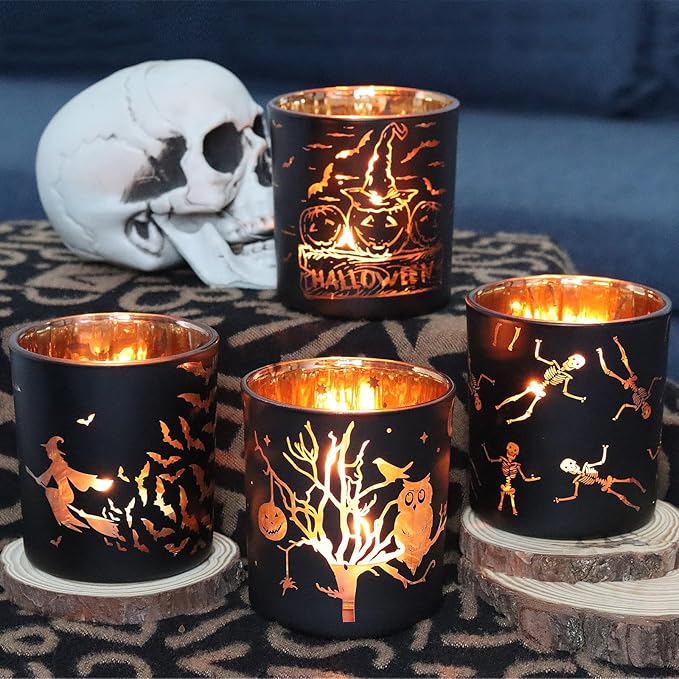 SHMILMH Halloween Glass Candle Holders Set of 4, Votive Tealight Holder Candle Jar for Making Candle, Halloween Office Kitchen Mantel Table Centerpiece Decoration