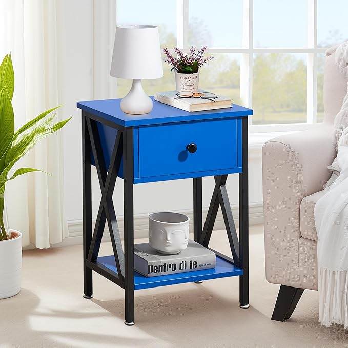 VECELO Nightstands Set of 2, Modern Bedside End Tables, Night Stands with Drawer and Storage Shelf for Living Room Bedroom, Industrial Metal Frame