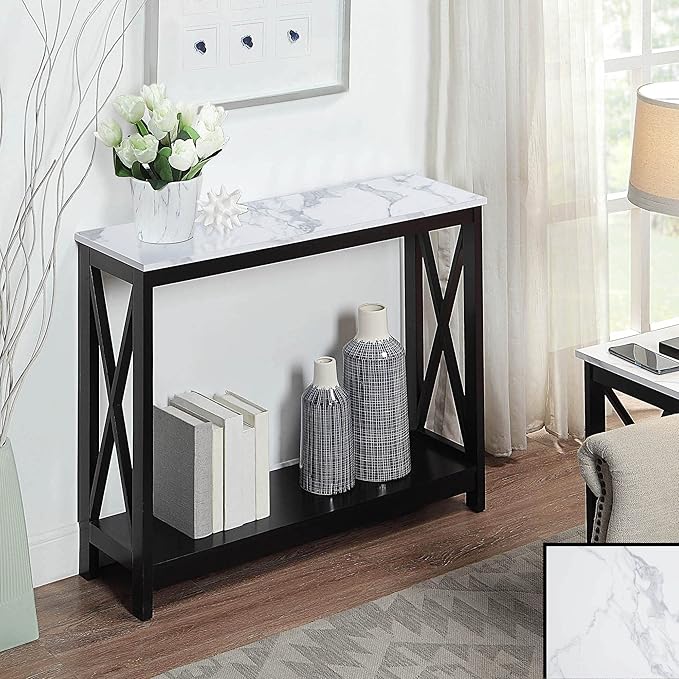 Convenience Concepts Oxford Console Table 39.5" - Sofa Table with Storage Shelf, Transitional Entryway Hall Table for Living Room and Bedroom, Display Foyer Table, White Faux Marble/Black