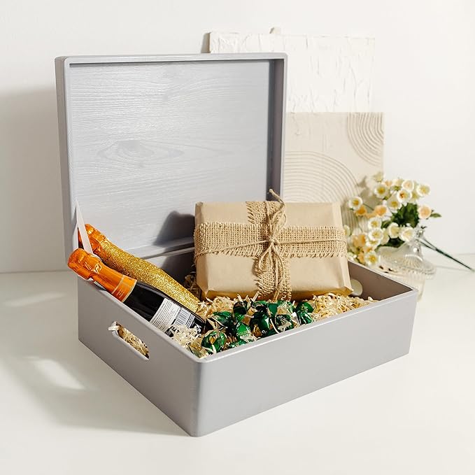 XL Grey Wooden Box Storage with Hinged Lid | 15.8 x 11.8 x 5.5 inches (+-0.5) | with Handles | Gift Box for Tool Dog Toy Shoes Clothes Kitchen Storage Document | Wood Keepsake Ches