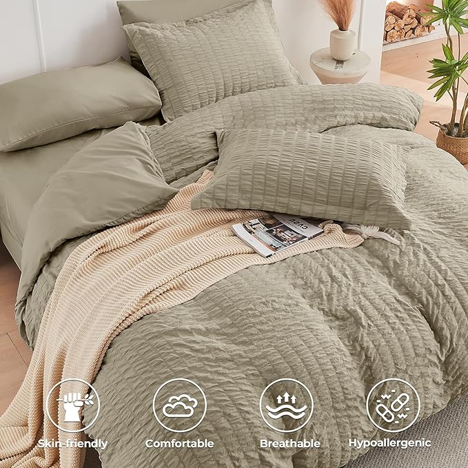 HYMOKEGE Linen Twin XL Comforter Set Seersucker 5 Pieces, All Season Luxury Bed in a Bag for Bedroom, Bedding Set with Comforter, Sheets, Pillowcase & Sham