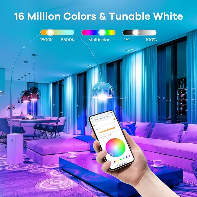 Linkind WiFi Smart Light Bulbs, Alexa Light Bulb Work with Alexa, Google Home, RGBTW 16 Million Color Changing Light Bulbs Dimmable, Mood Lighting, 2.4GHz Only, A19 E26 WiFi Bulb 60W 800LM 1 Pack