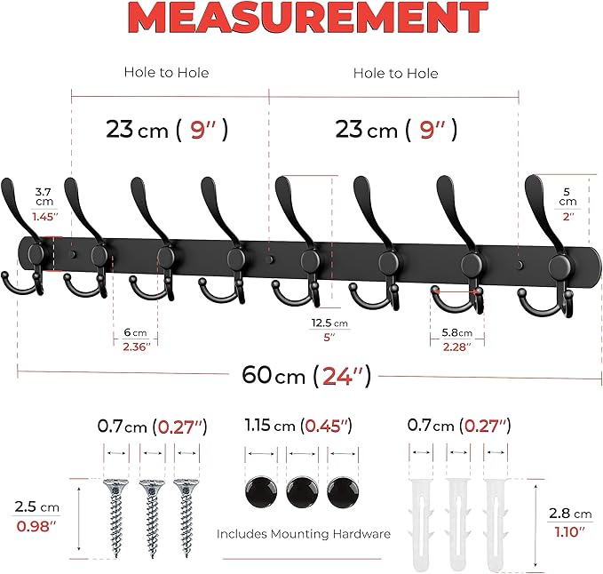 Coat Rack Wall Mount with 8 Tri Hooks, Stainless Steel 24 Inch – Black Matte Finish, Heavy Duty Wall Mounted Hook Rack for Coats, Hats, Towels, Scarfs, Robes, Bags, Entryway & Bathroom - 2 Pack